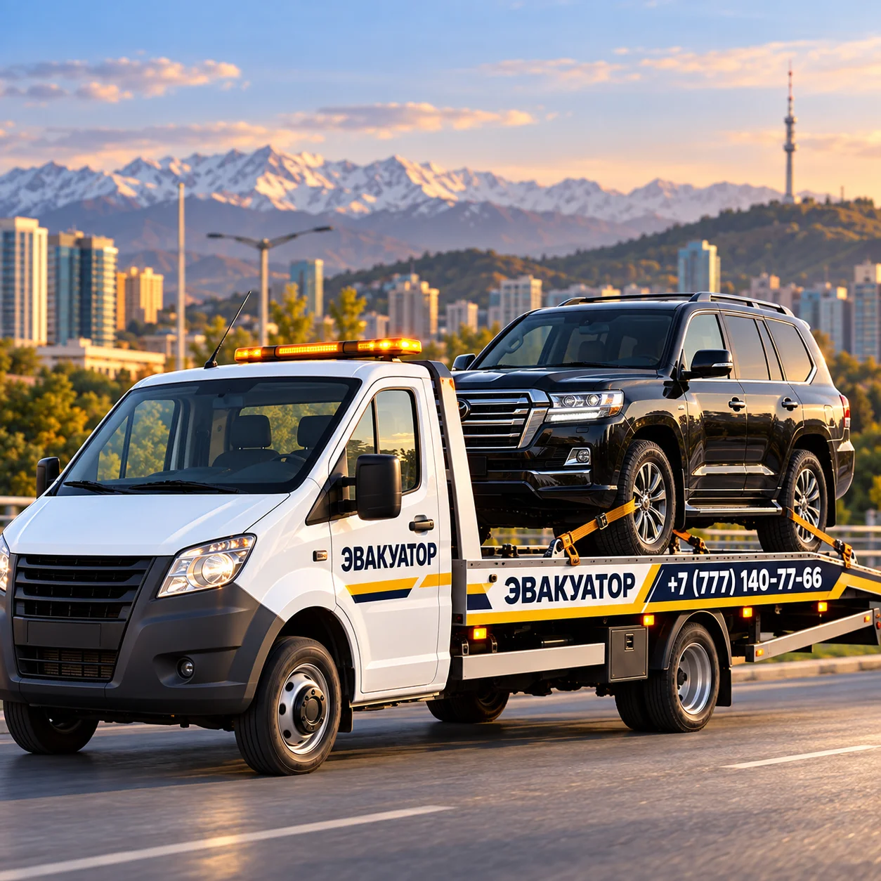 Эвакуация джипов и внедорожников в Алматы — погрузка Toyota Land Cruiser на усиленный эвакуатор