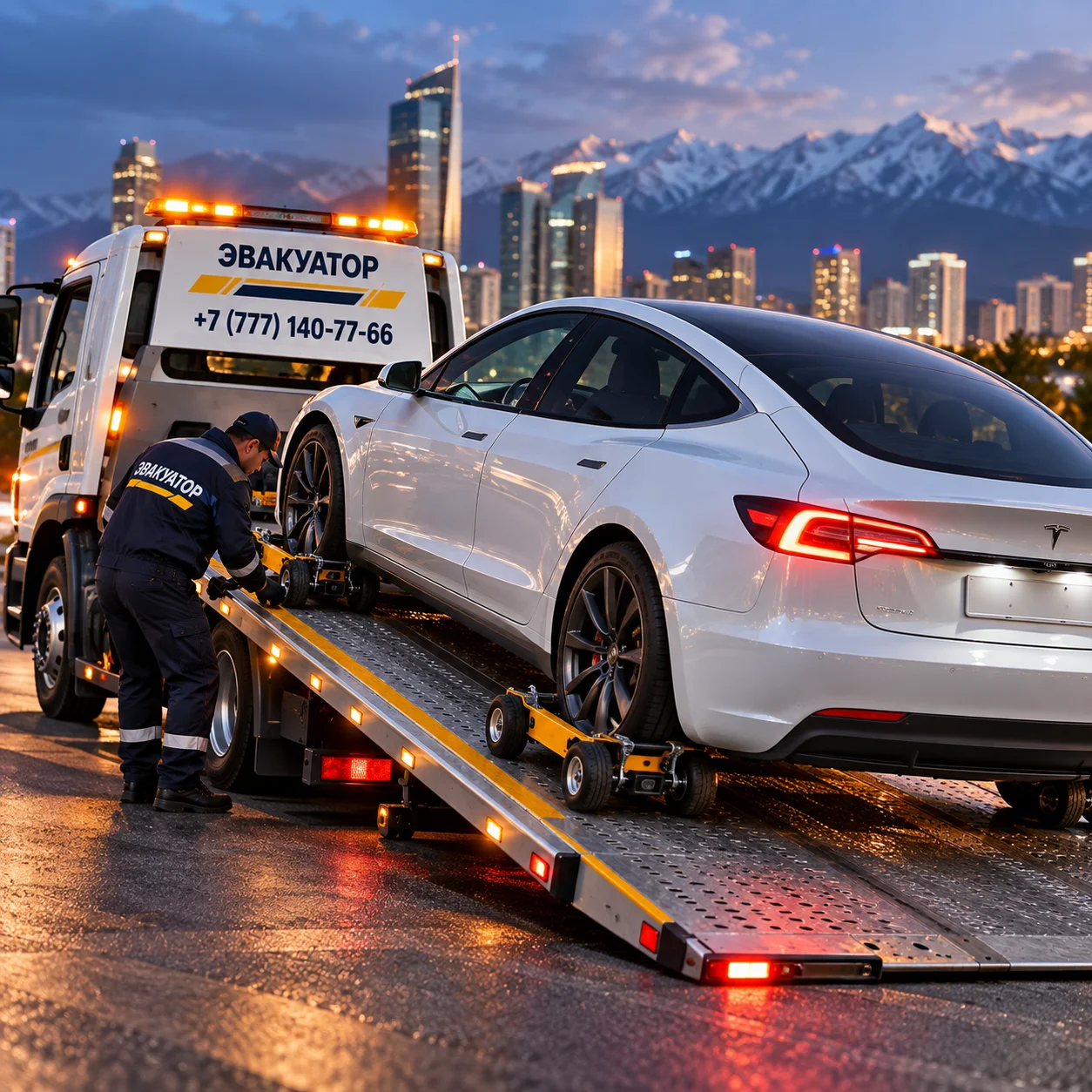 Эвакуация электромобилей в Алматы — погрузка Tesla на подкатных тележках на сдвижную платформу эвакуатора