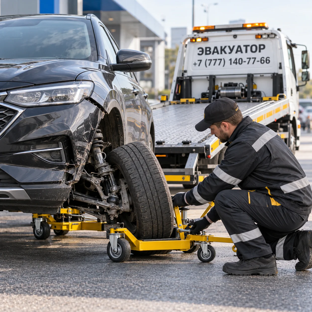 Эвакуация авто с оторванной шаровой или без колеса в Алматы — погрузка на подкатные тележки